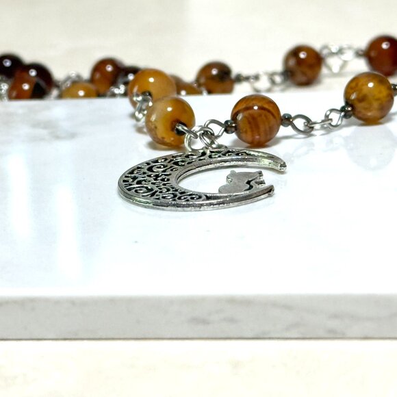 Genuine Earthy Carnelian Agate Short Necklace, Gemstone & Cat on the Moon Charm - Picture 6 of 15